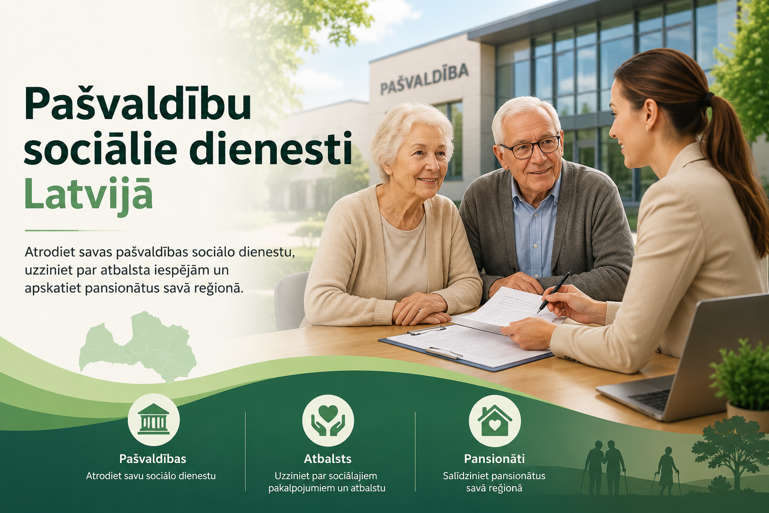 Atrodiet savas pašvaldības sociālo dienestu, uzziniet par atbalsta iespējām un apskatiet pansionātus savā reģionā.